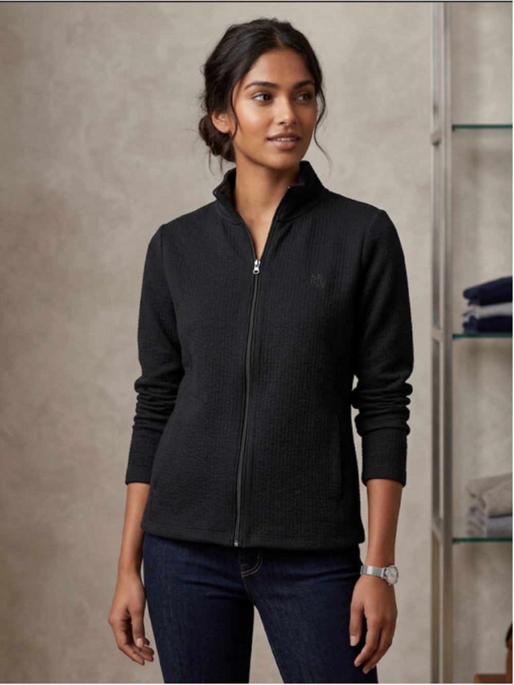 Women's Lauren Ralph Lauren Black Zip-Up Sweater Size M